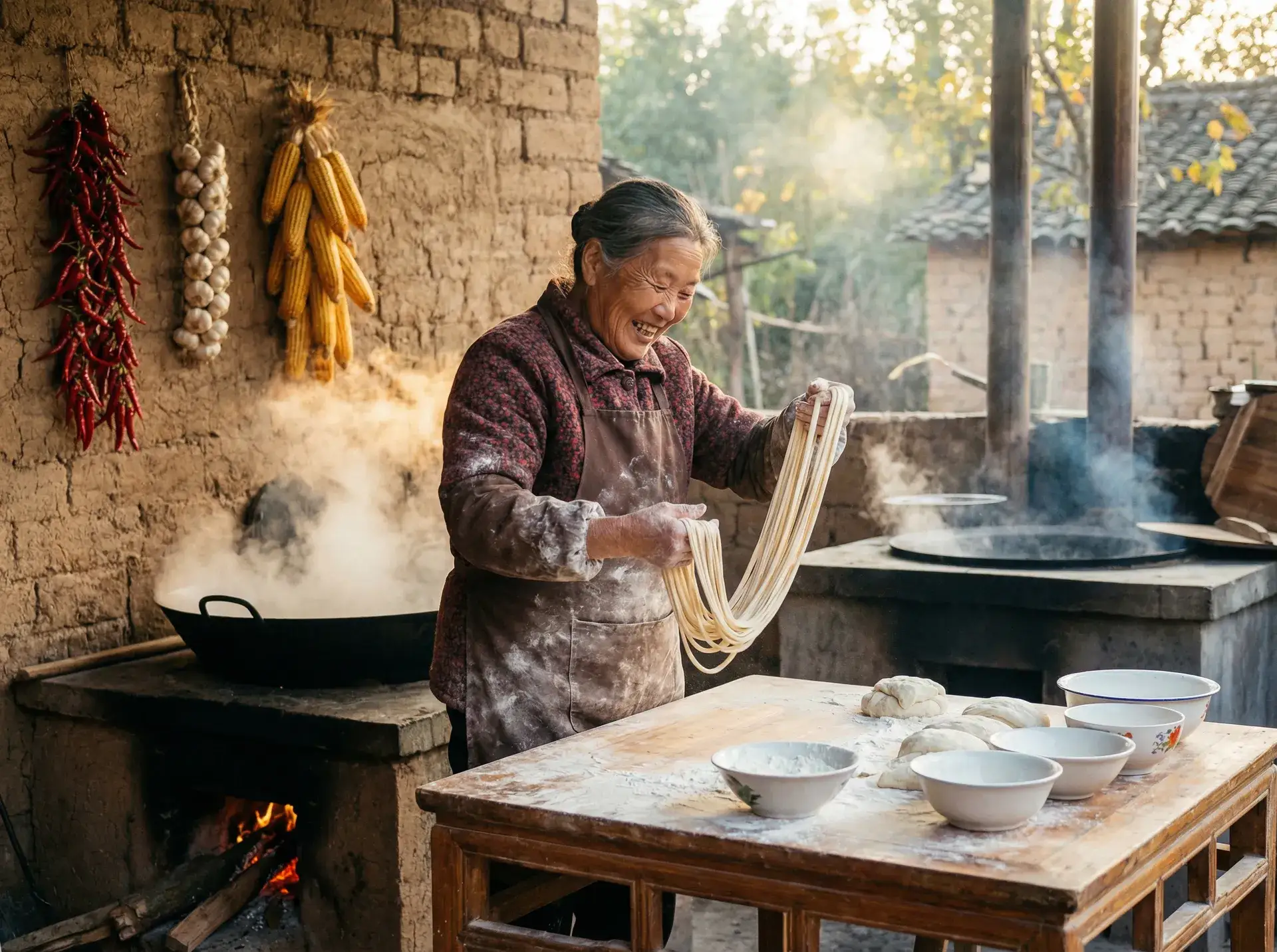 农家大嫂手擀面 - 草莓 秋葵 丝瓜 榴莲 乡村美食